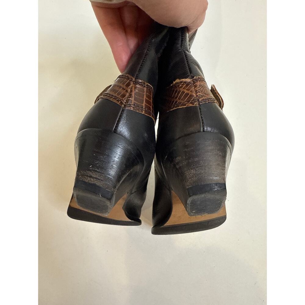 Bandolino Italian Mid Calf Leather Brown Black Boots Belt Reptile Texture Sz 8 - Picture 6 of 10